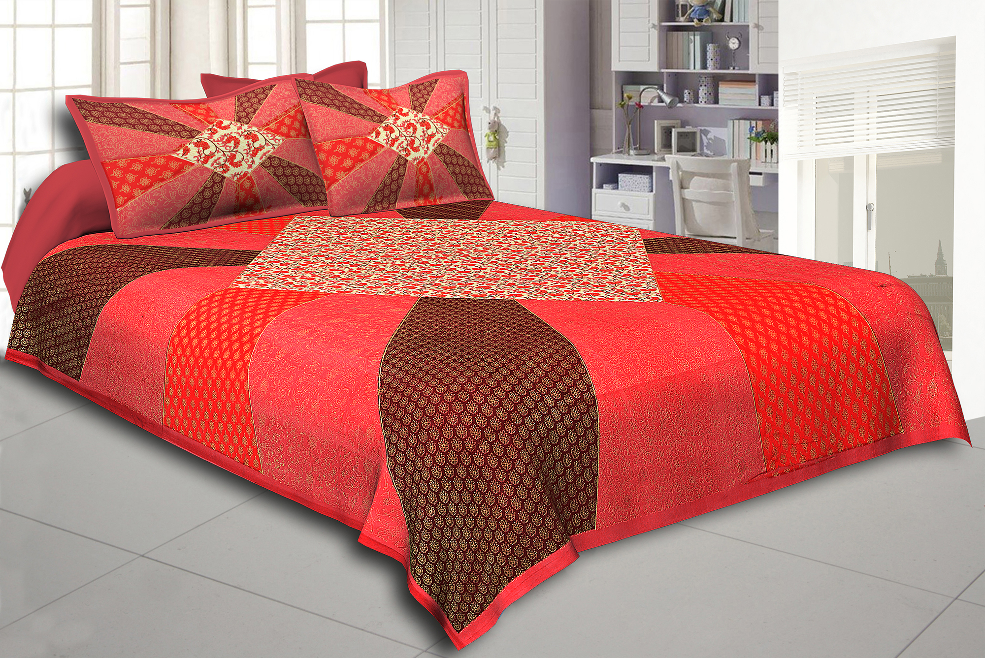 Orange Border Ranbow Pattern  With Golden Print Super Fine Cotton King Size Double Bedsheet