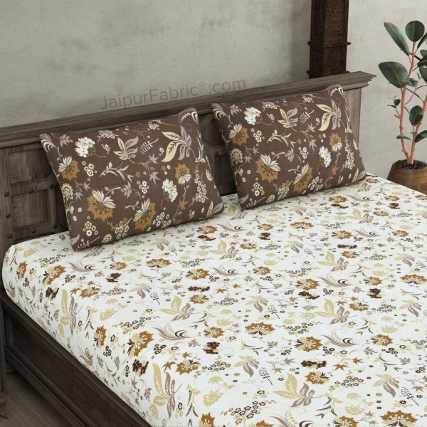 Flowery Spring Off White Chocolate Brown Cotton King Size Bedsheet
