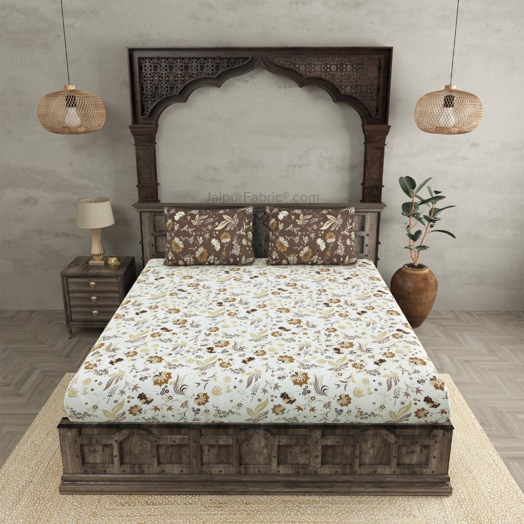 Flowery Spring Off White Chocolate Brown Cotton King Size Bedsheet