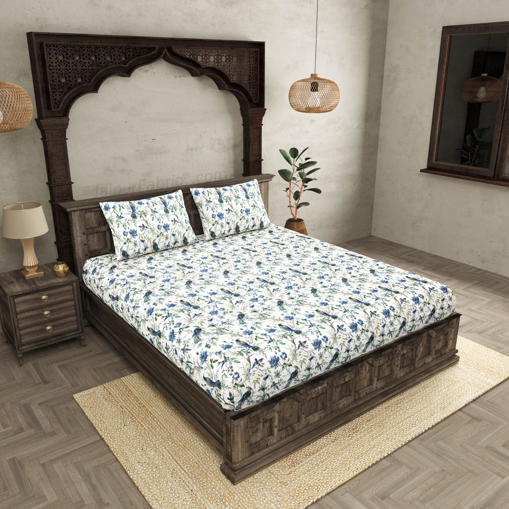 JaipurFabric® Anokhi Print Blue Bird King Size BedSheet