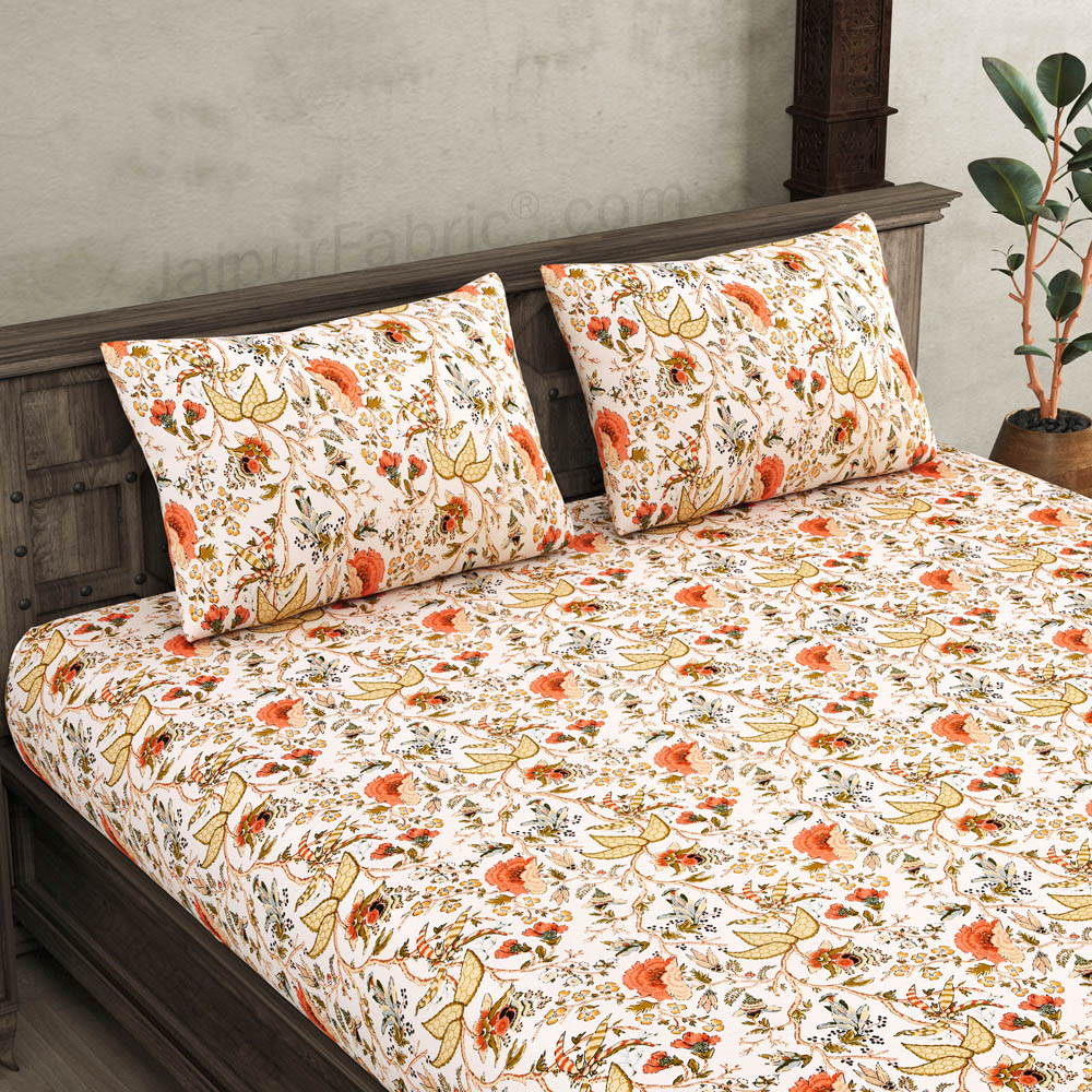 JaipurFabric® Anokhi Print Peachy Floral King Size BedSheet