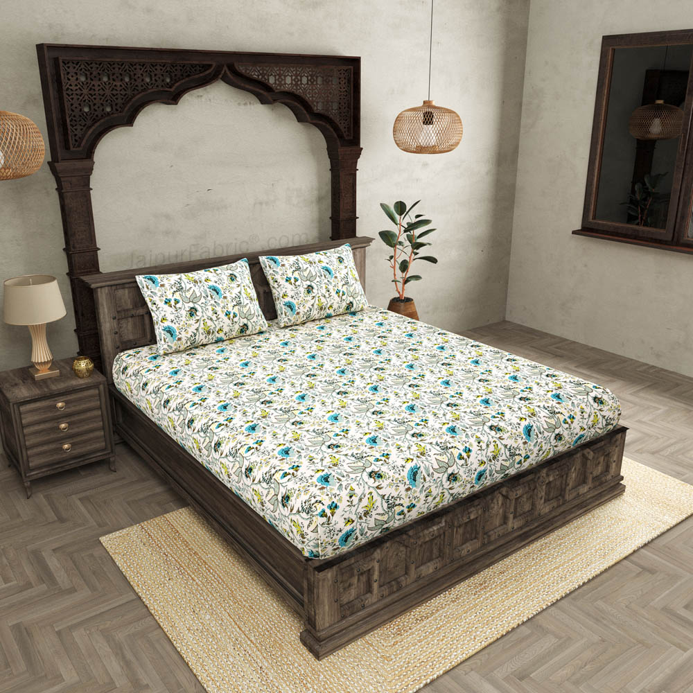 JaipurFabric® Anokhi Print Bluish Floral King Size BedSheet