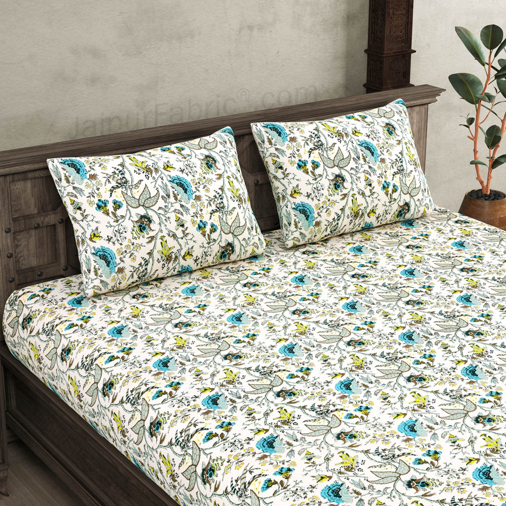 JaipurFabric® Anokhi Print Bluish Floral King Size BedSheet