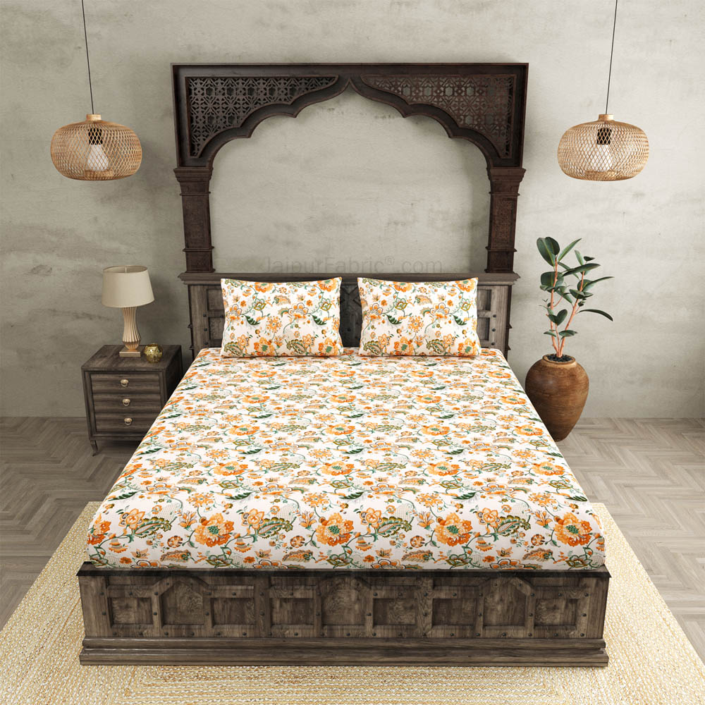 JaipurFabric® Anokhi Print Royal Orchid Peach King Size BedSheet