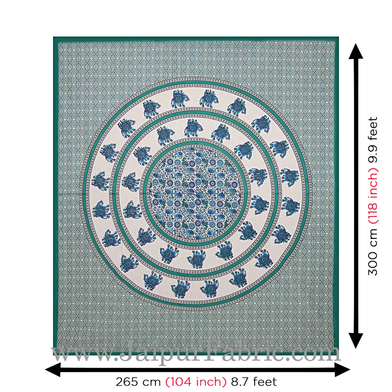 King Size Bedsheet Sea Green  Border Circle Elephant Pattern Screen Print With Two Pillow Cover