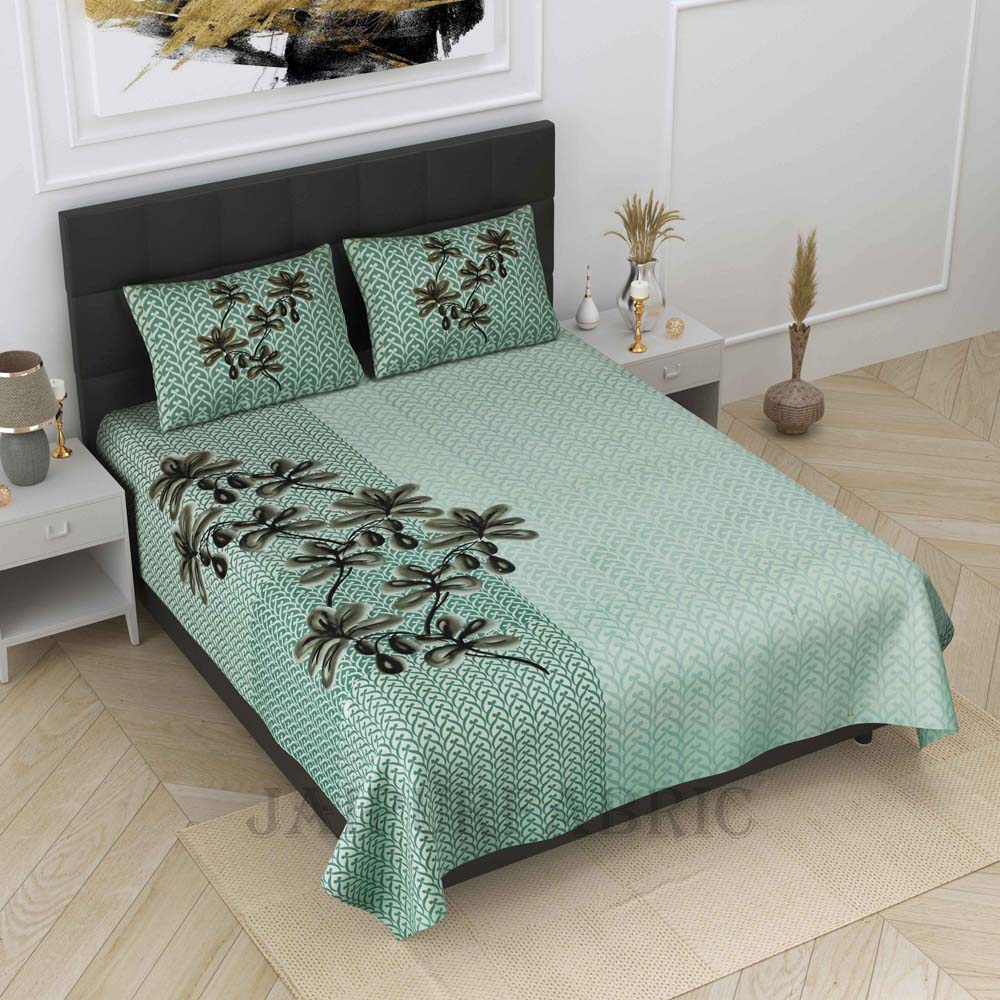 Floral Valley Green Pure Cotton King Size Bedsheet