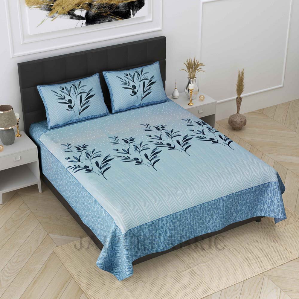Leafy Luxury Blue Pure Cotton King Size Bedsheet