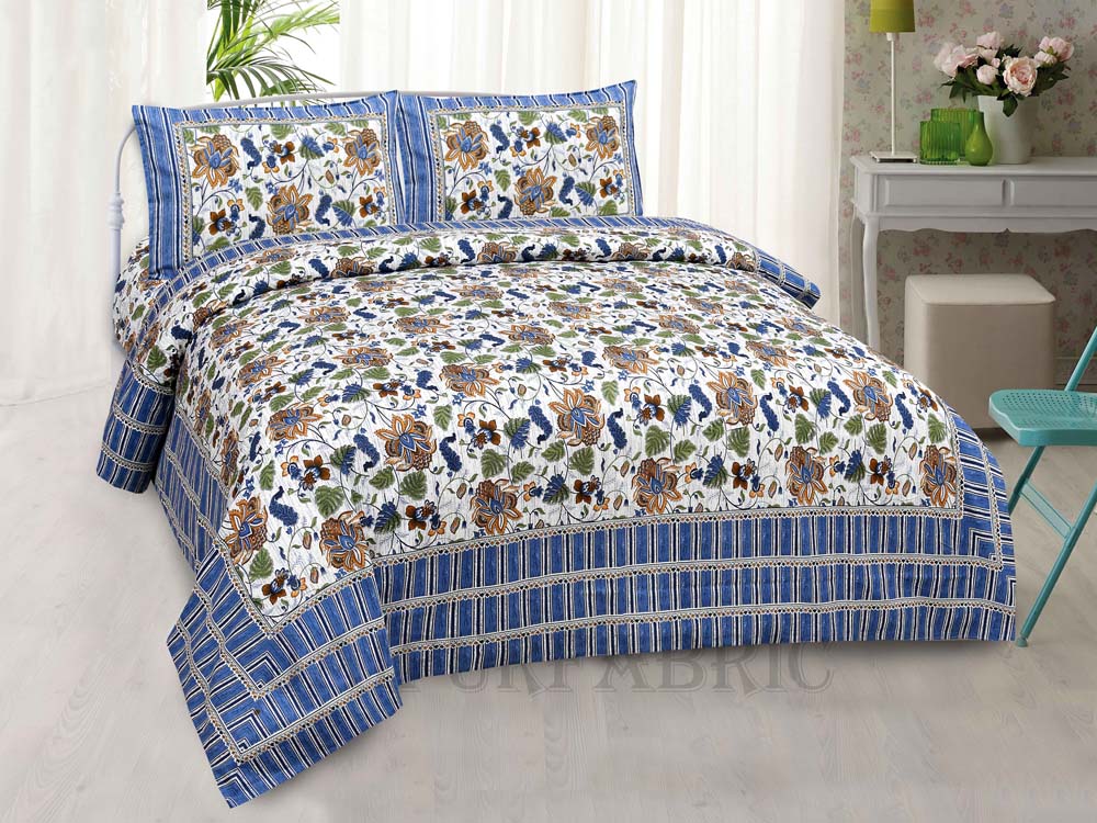 Aquatic Blue Lily Summer Pure Cotton King Size Bedsheet