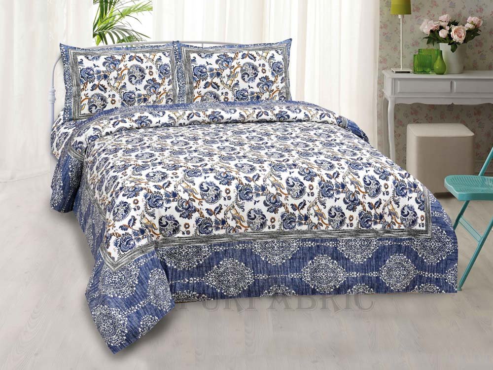 Blue Vector Floral Seamless Summer Pure Cotton King Size Bedsheet
