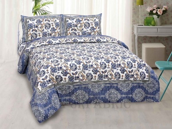 Blue Vector Floral Seamless Summer Pure Cotton King Size Bedsheet
