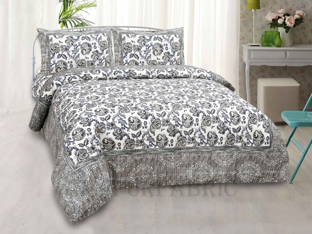Grey Vector Floral Seamless Summer Pure Cotton King Size Bedsheet