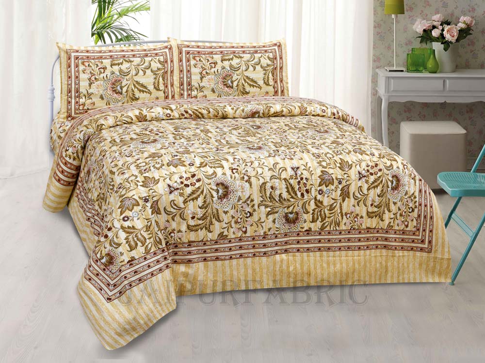 Bed in a Bag Golden Vector Floral 1 Dohar + 1 Double BedSheet + 2 Pillow Covers