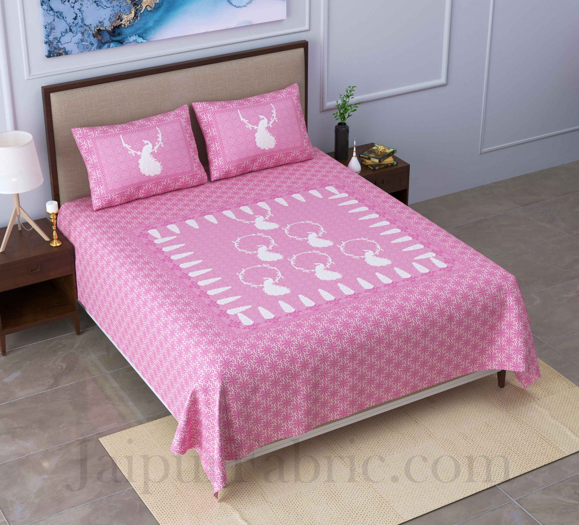 Cool Pastel Peacock Pink King Size Pure Cotton Bedsheet