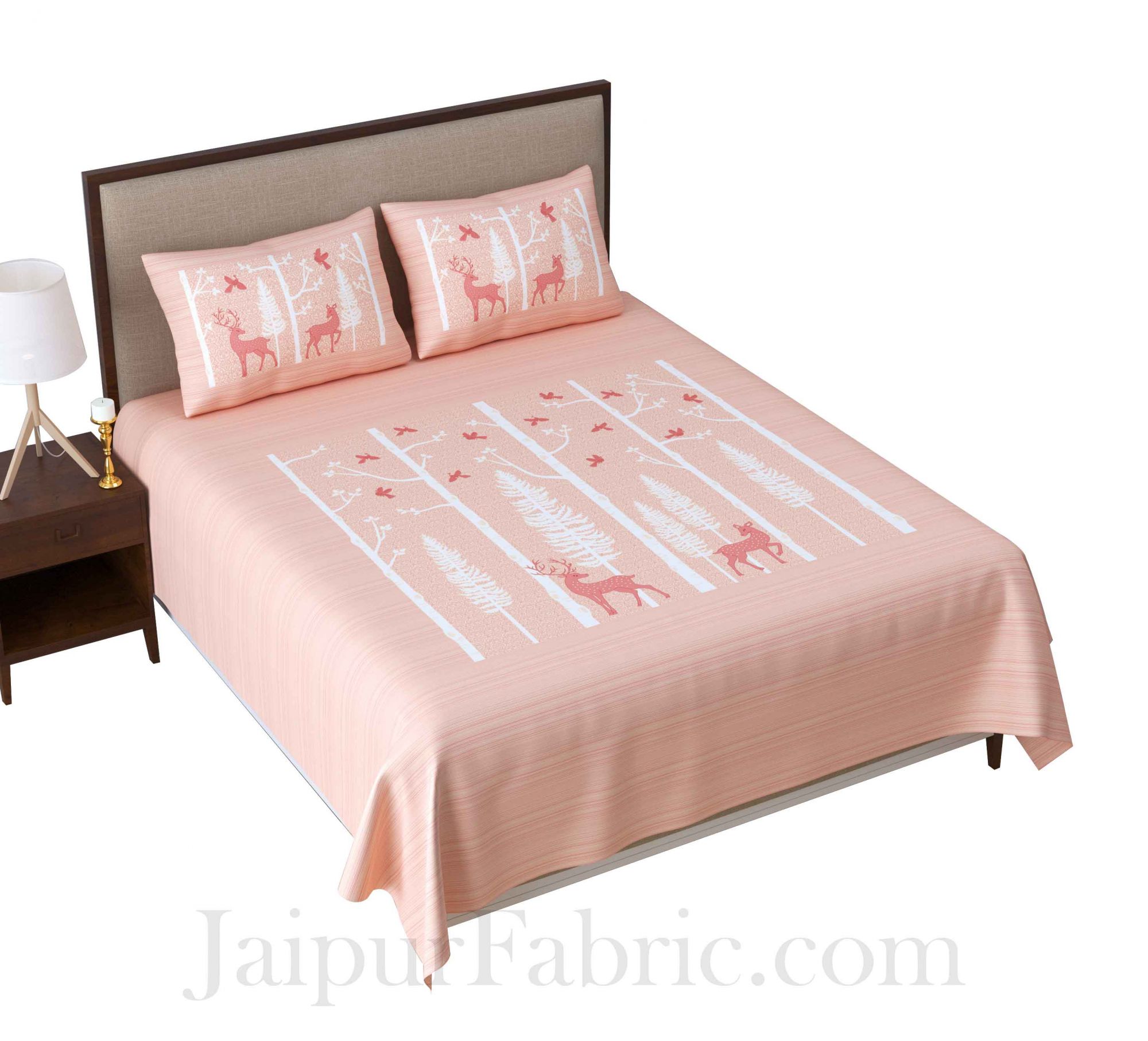 Forest Deer Pastel Peach King Size Pure Cotton Bedsheet