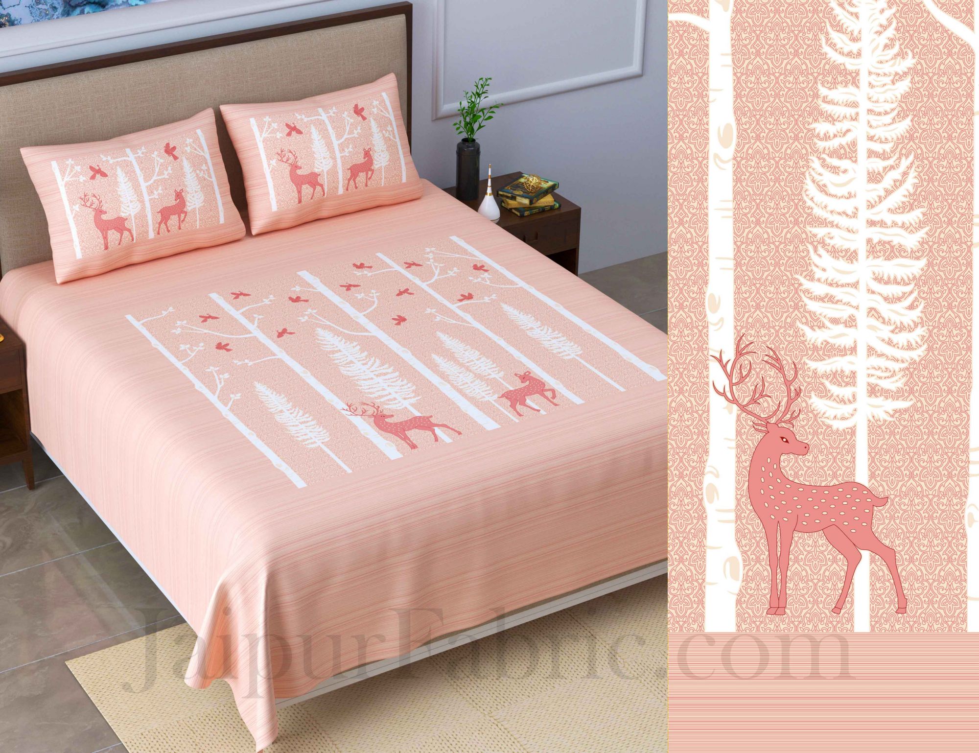 Forest Deer Pastel Peach King Size Pure Cotton Bedsheet