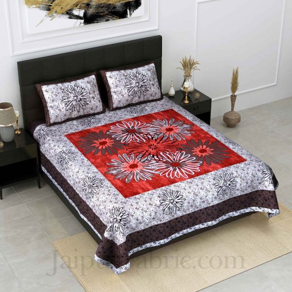 Procian Print Dandellions Grey Red Pure Cotton King Size Bedsheet