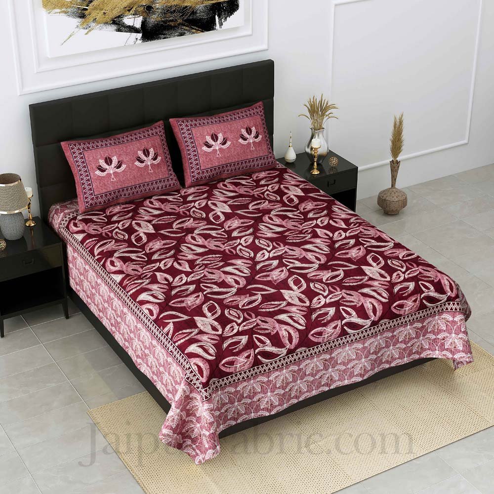 Procian Print Leaves Pink Maroon Pure Cotton King Size Bedsheet