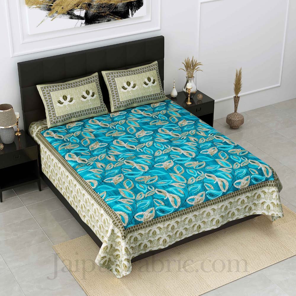 Procian Print Leaves Green Blue Pure Cotton King Size Bedsheet