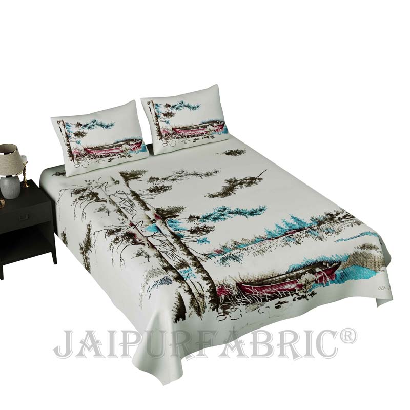 Scenic Coast Red Pure Cotton Double Bedsheet
