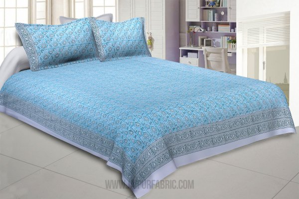 Blossoming Flowers Blue Grey King Size Bedsheet