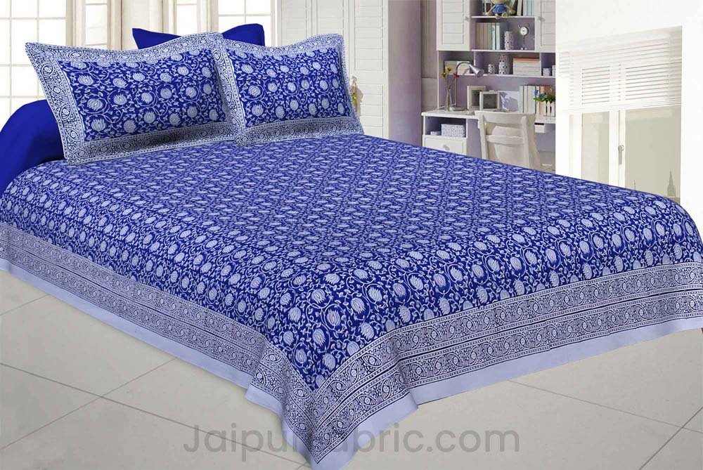 Lotus Lure Blue King Size Double Bedsheet