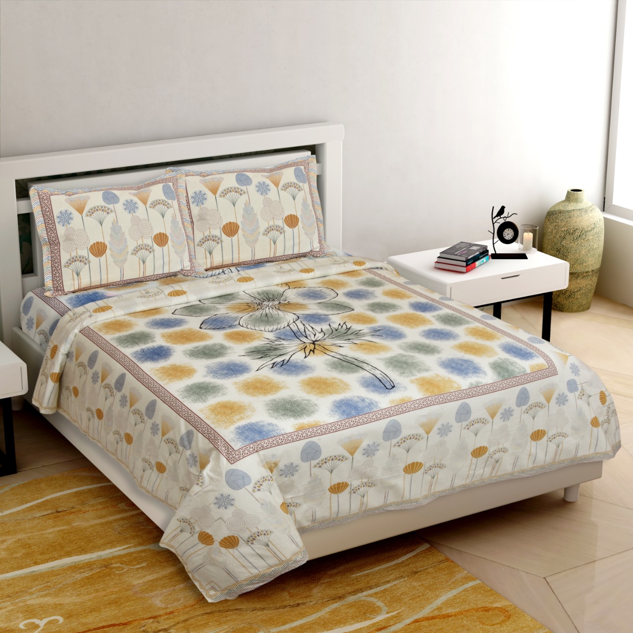 Colossal Flower Blue Yellow King Size Bedsheet
