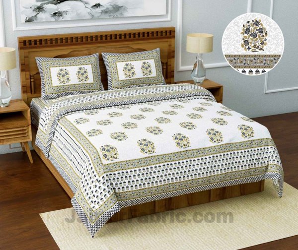 Jaipuri Ethnic Cotton White Grey King Size Double bedsheet