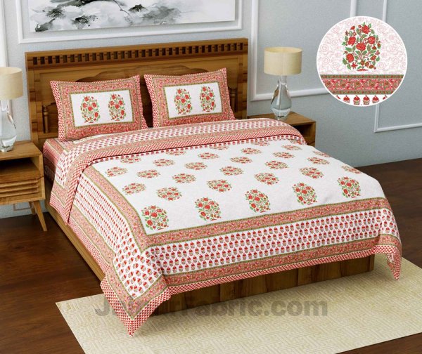 Jaipuri Ethnic Cotton White Pink King Size Double bedsheet