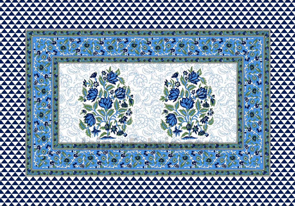 Jaipuri Ethnic Cotton White Blue King Size Double bedsheet