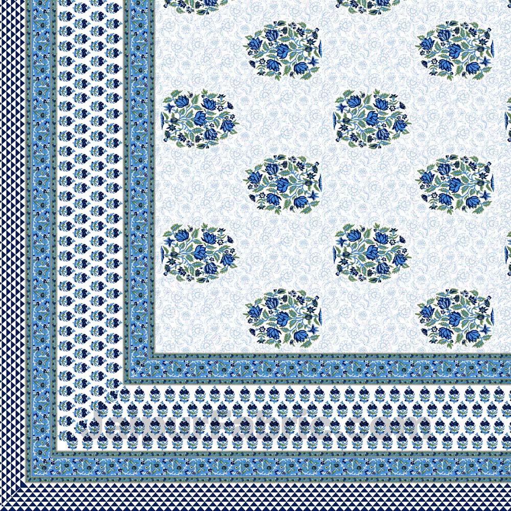 Jaipuri Ethnic Cotton White Blue King Size Double bedsheet