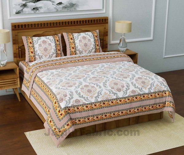 Jaipuri Ethnic King Size Dark Light Gold Bedsheet Fine Cotton Circle Floral Print