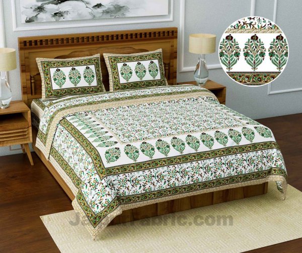 Jaipuri Ethnic Cotton Green Floral King Size Double bedsheet