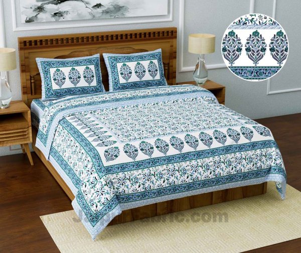 Jaipuri Ethnic Cotton Blue Floral King Size Double bedsheet
