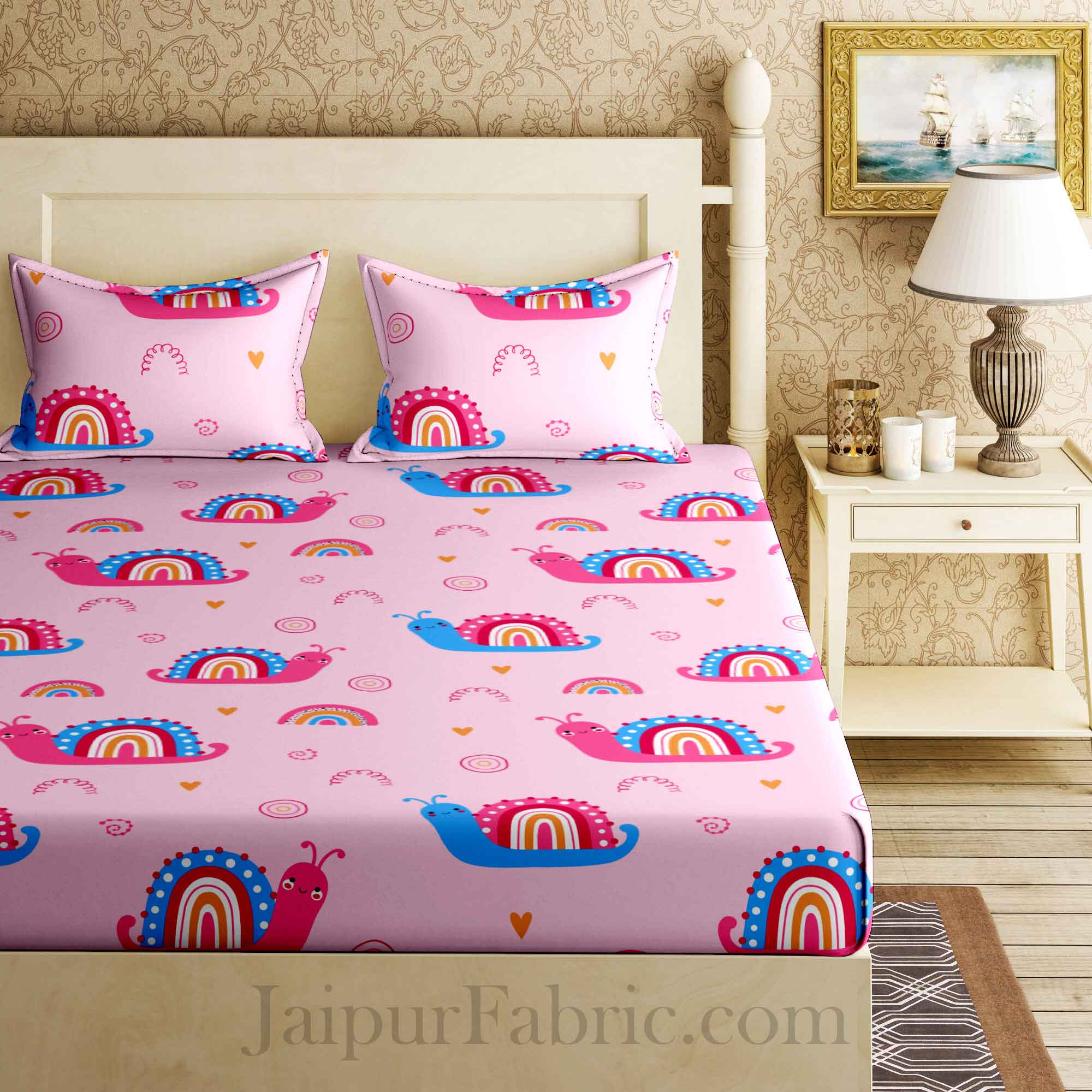 Kids Snail Baby Pink King Size Bedsheet