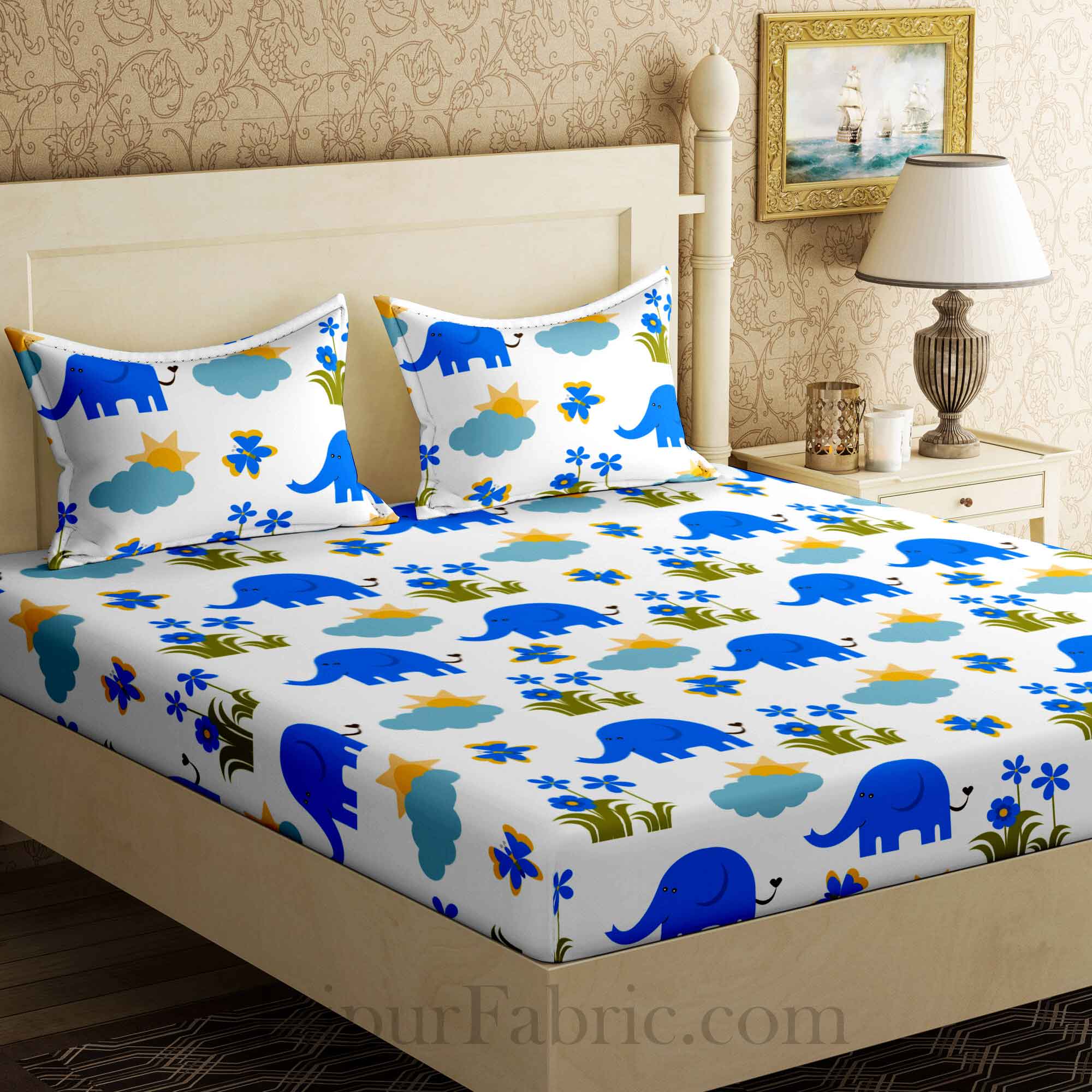 Kids Blue Elephant King Size Bedsheet