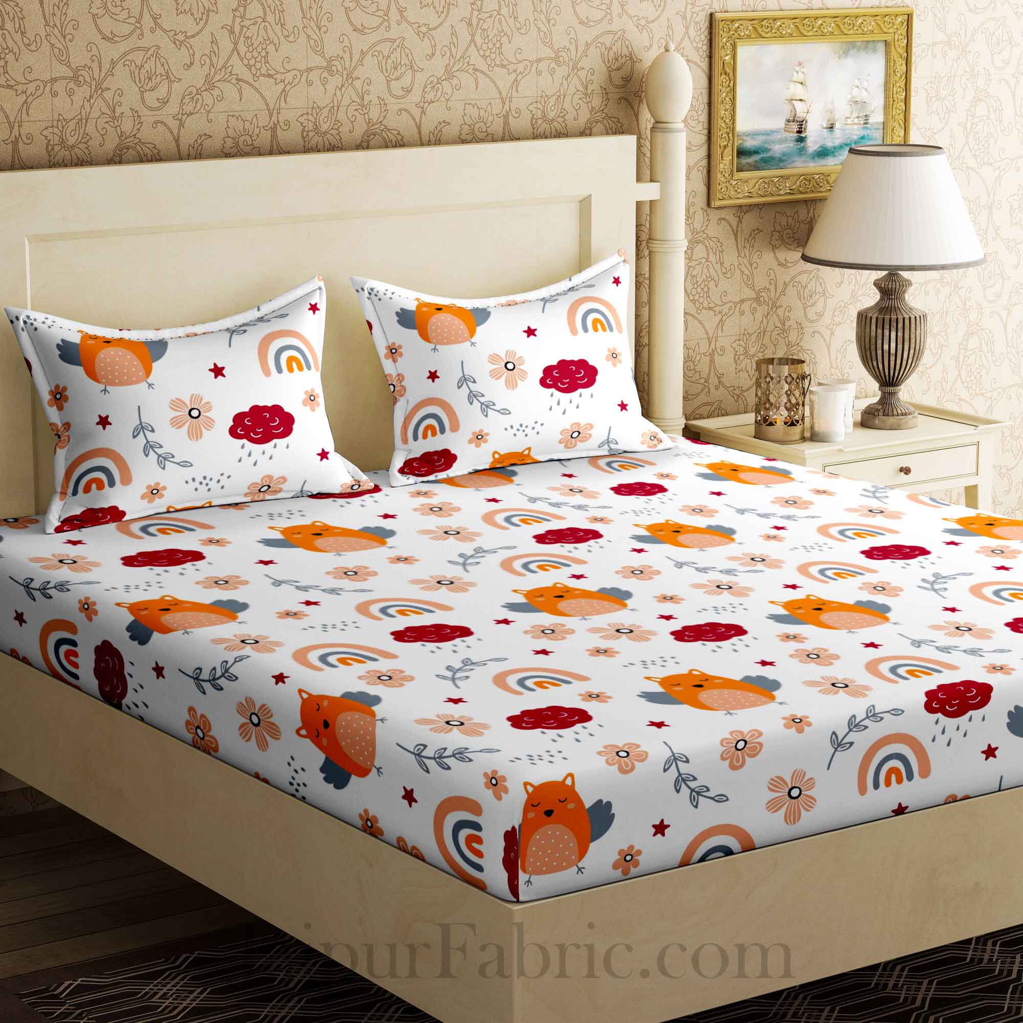 Kids Orange Night Owl King Size Bedsheet