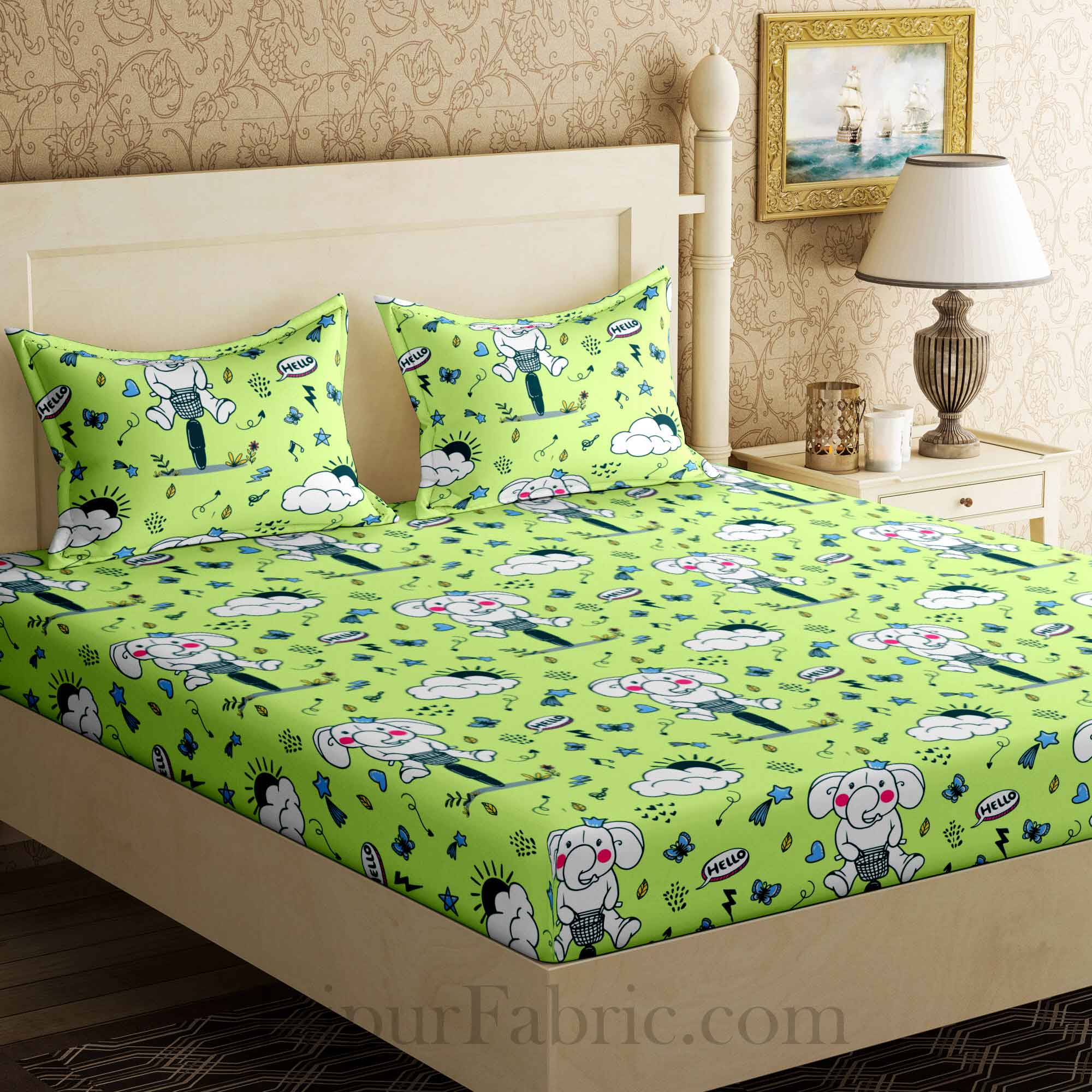 Kids Pyara Appu Green King Size Bedsheet