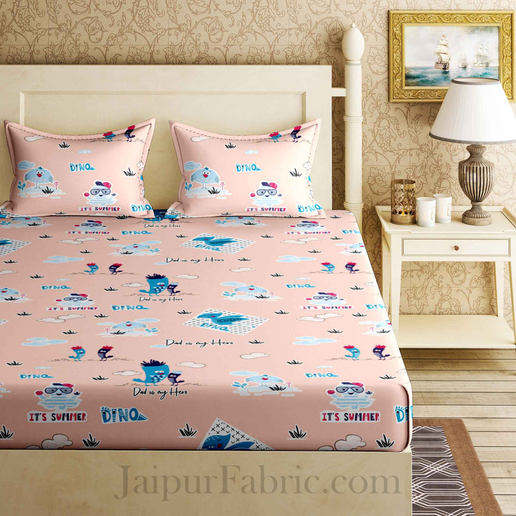 Kids Dino Peach King Size Bedsheet