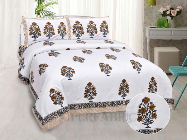 Organic Brown Floral Fine Cotton Hand Block King Size Bedsheet Set