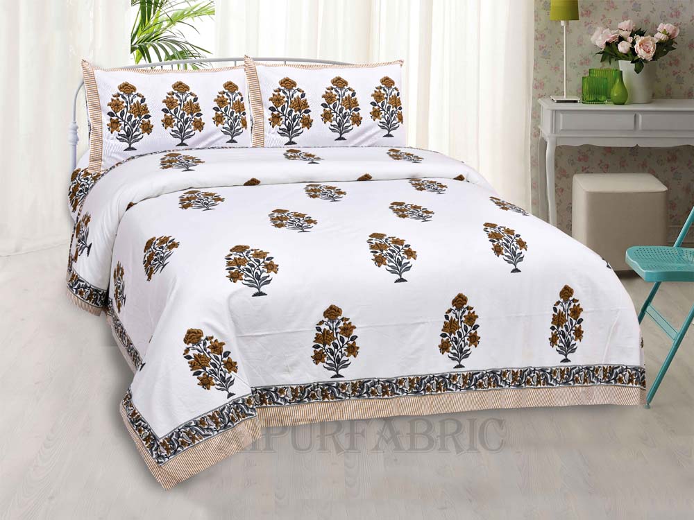 Organic Brown Floral Fine Cotton Hand Block King Size Bedsheet Set