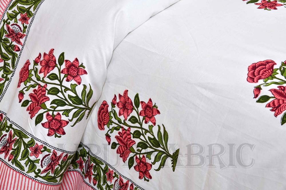 Organic Pink Floral Fine Cotton Hand Block King Size Bedsheet Set