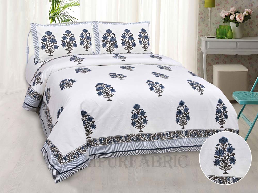 Organic Grey Floral Bunch Fine Cotton Hand Block King Size Bedsheet Set