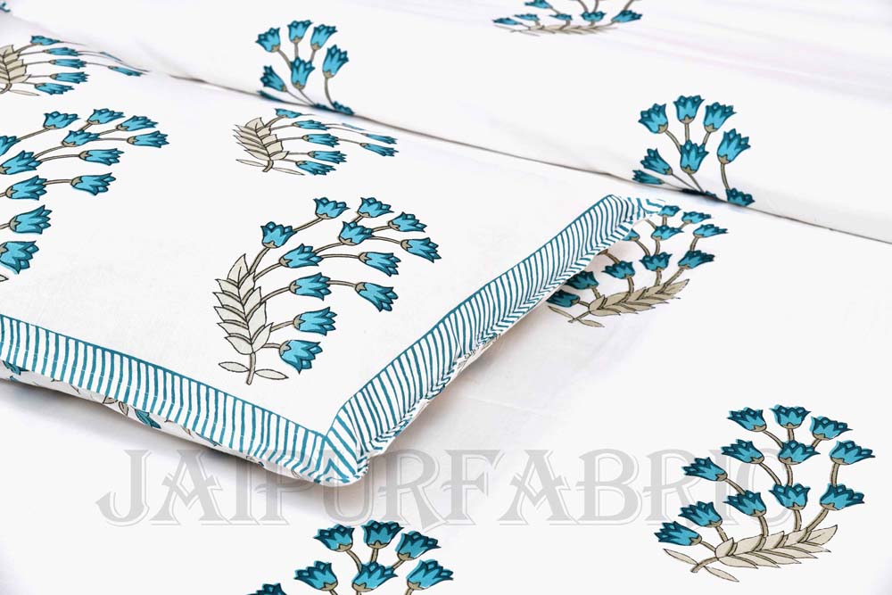 Charming Rose Blue Fine Cotton Hand Block King Size Bedsheet Set