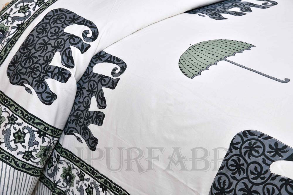 Tusker Grey Fine Cotton Hand Block King Size Bedsheet Set