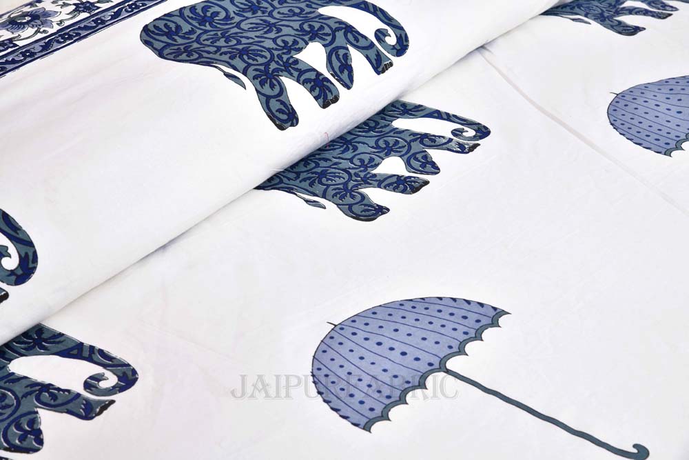 Tusker Blue Fine Cotton Hand Block King Size Bedsheet Set