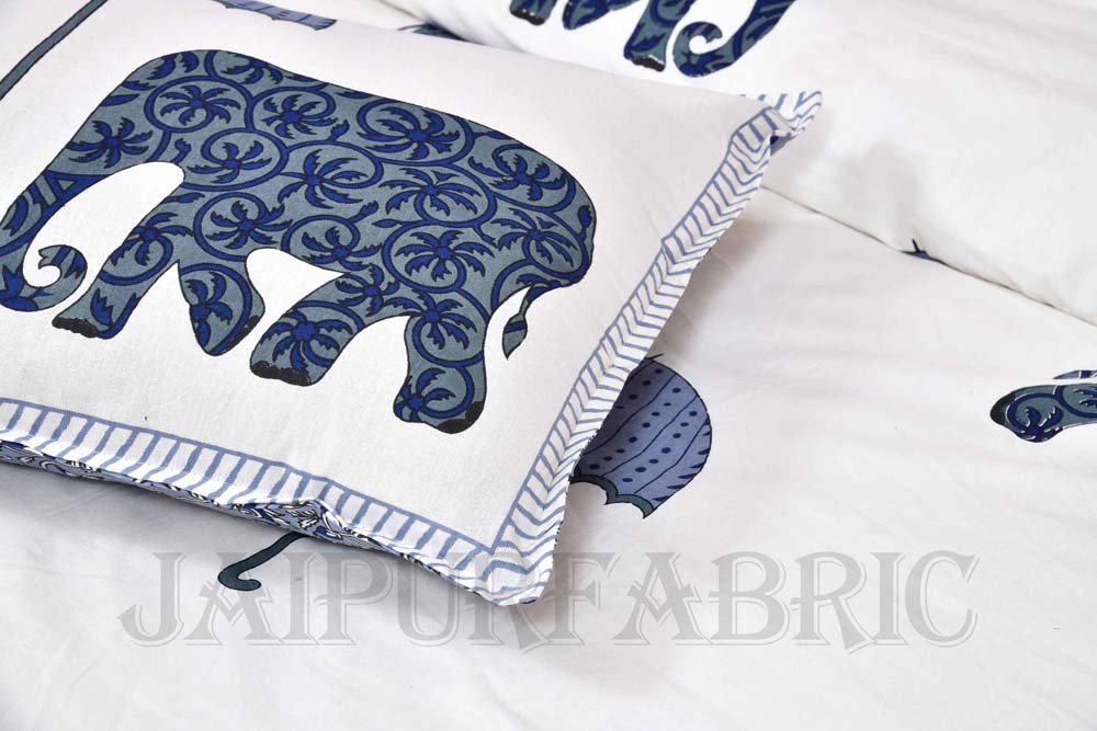 Tusker Blue Fine Cotton Hand Block King Size Bedsheet Set