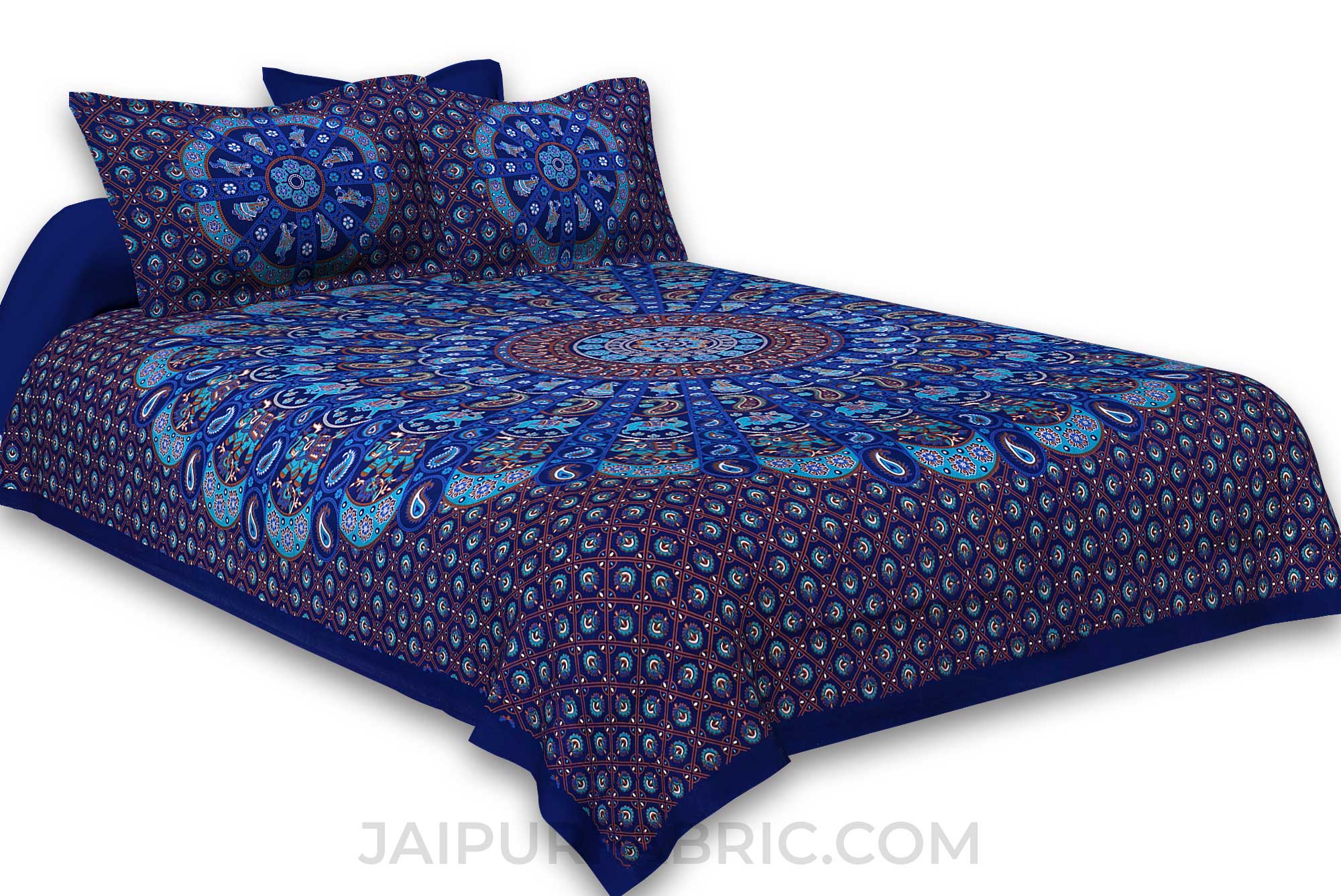 Pure Cotton Blue Mandala Traditional King Size Double Bedsheet with 2 Pillow Cover