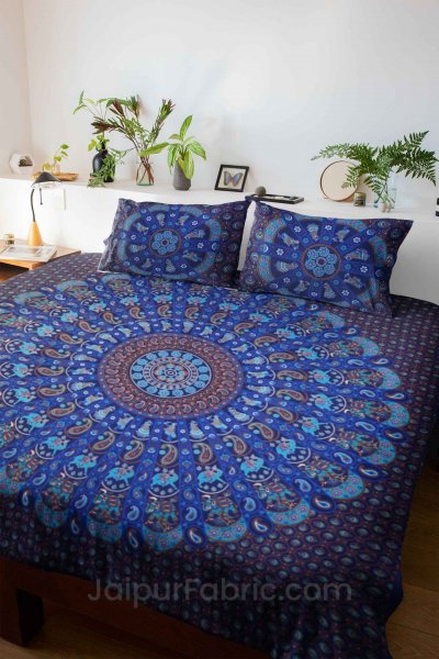 Pure Cotton Blue Mandala Traditional King Size Double Bedsheet with 2 Pillow Cover