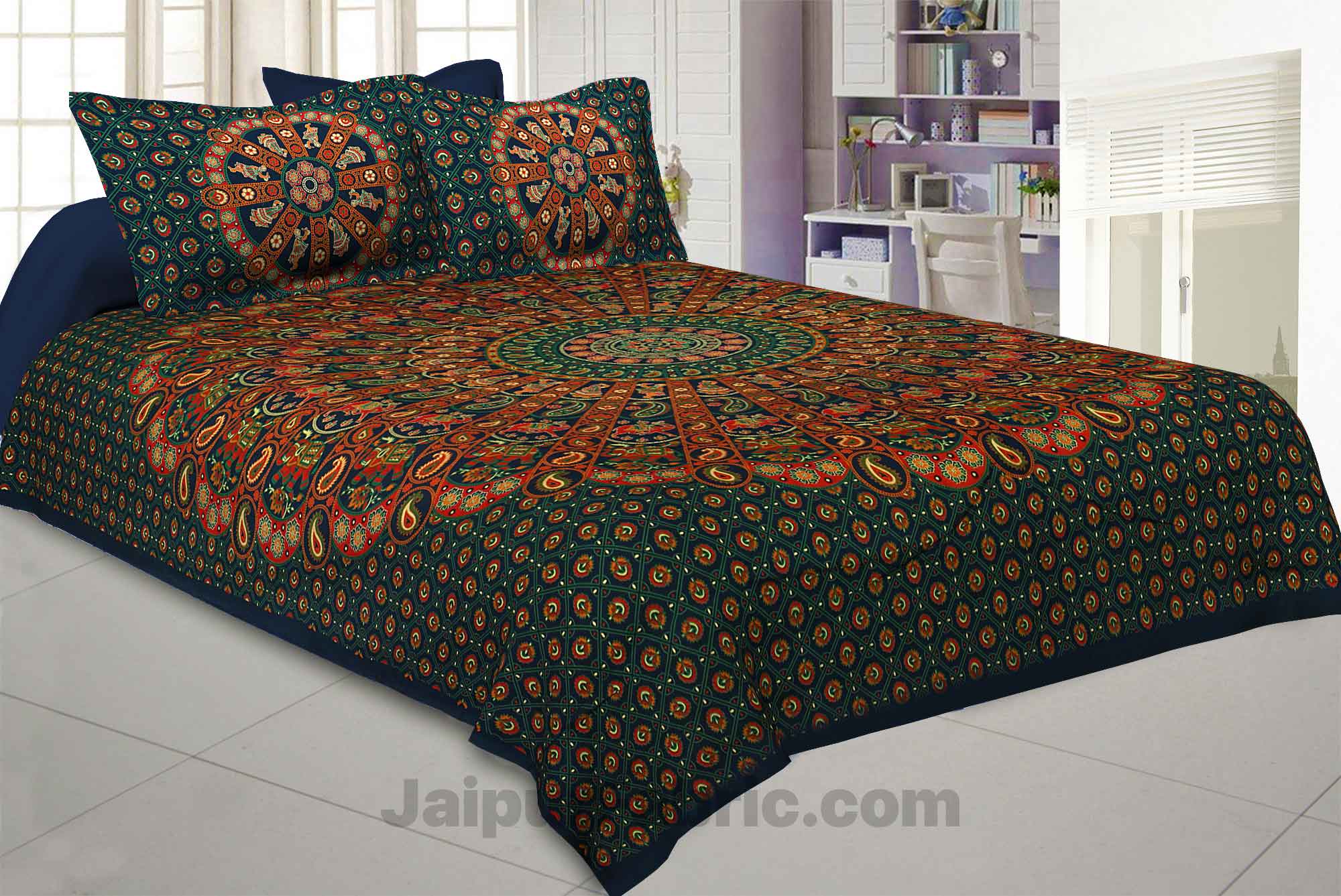 Pure Cotton Green Mandala Traditional King Size Double Bedsheet with 2 Pillow Cover
