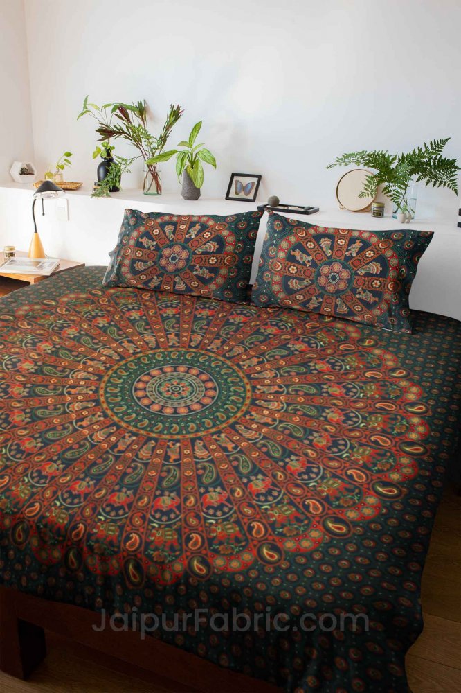 Pure Cotton Green Mandala Traditional King Size Double Bedsheet with 2 Pillow Cover